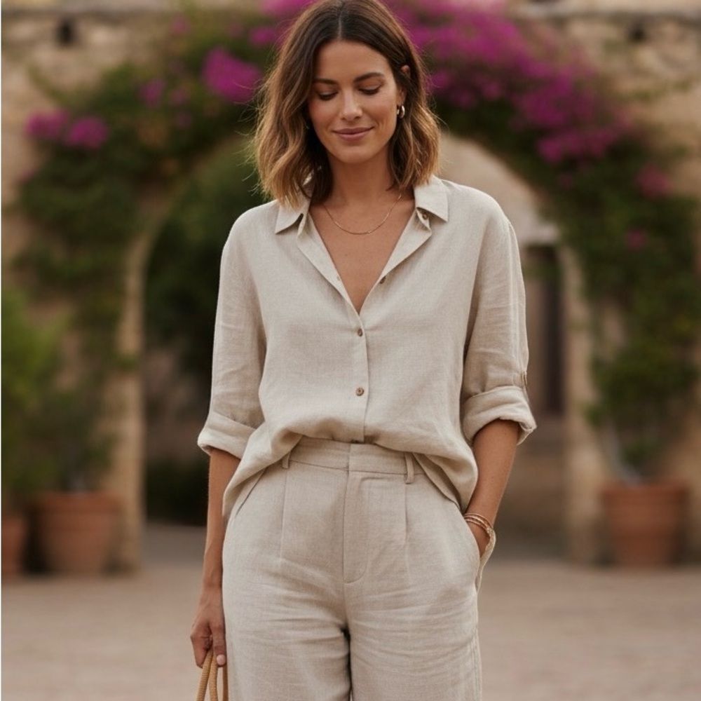 Athleta Linen Oversized Button Down Shirt Women’s L Neutral Beige Minimalist Top